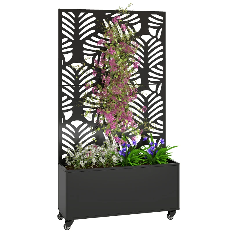 Outsunny Floreira Exterior Grande com Rodas e Painel de Privacidade com Folhas de Monstera Estrutura de Metal 90x30x160 cm Preto