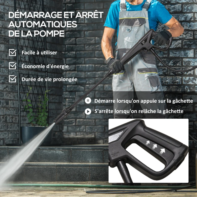 DURHAND Nettoyeur Haute Pression 1600W, Débit 432 L/h, Pompe en Aluminium 130 Bars, Tuyau 6m, Flacon de Savon, Bleu