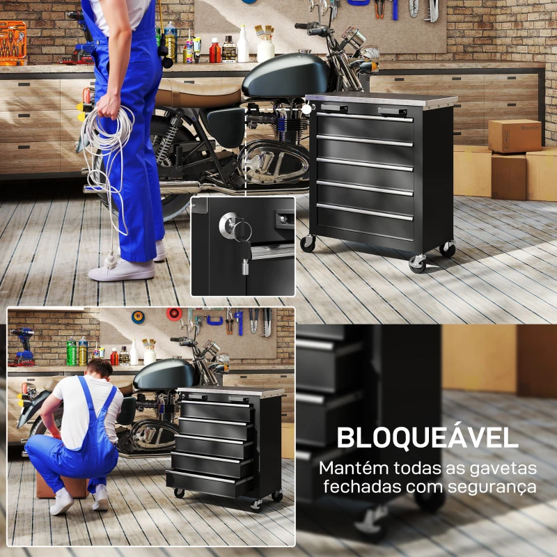 HOMCOM Carrinho de Ferramentas com 5 Gavetas Fecho Rodas com Travão e Bancada em Aço Inoxidável 65,5x34,5x76 cm Preto e Prateado