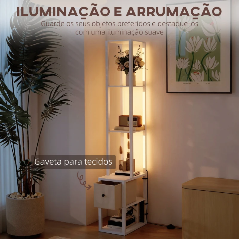 HOMCOM Candeeiro de Pé Moderno com Prateleiras Abertas Gaveta de Tecido e Interruptor de Pé 43,5x26,5x169 cm Branco