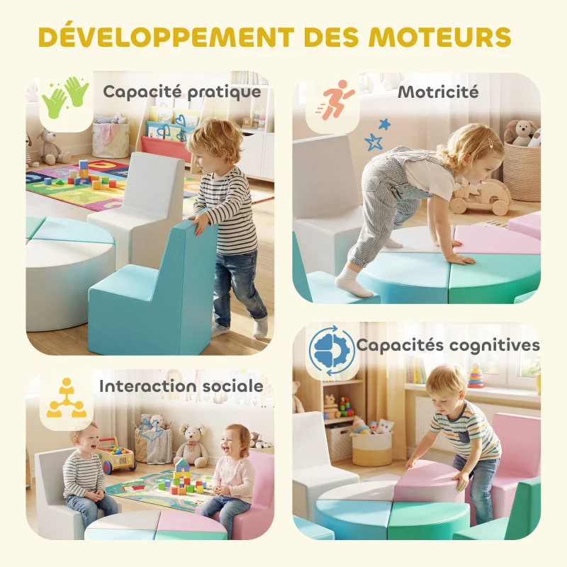 AIYAPLAY Parcours motricité bébé 8PCS, module motricité bébé mousse EPE et housse en PU, design table et chaises, multicolore