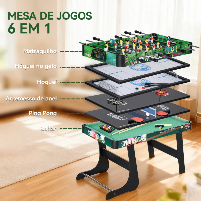 HOMCOM Mesa de Jogos 6 em 1 Dobrável Bilhar Matraquilho Ping Pong Lançamento de Anéis Hóquei com Bastão e Hóquei com Discos 118x104x71cm Multicor