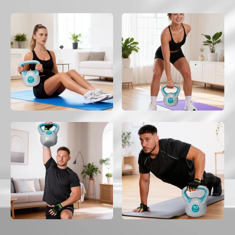 SPORTNOW Kettlebell 10kg Peso Russo com Revestimento de PU e Enchimento de Areia para Treinamento 22x16x26cm Azul e Cinza