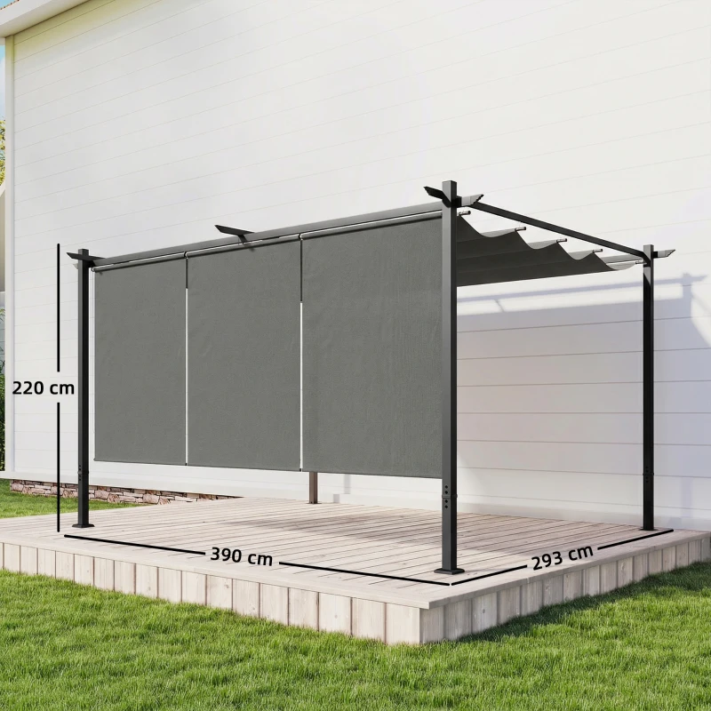 Outsunny Pérgola com Teto Retrátil de 390x293x220 cm Pérgola de Parede ou Independente com Lados Enroláveis Proteção UV30+ Cinzento