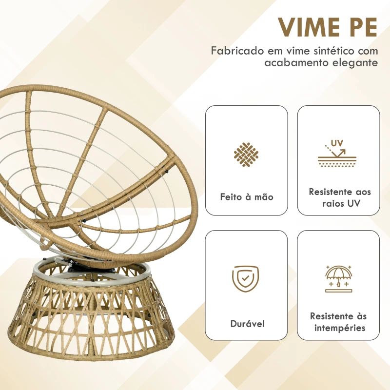 Outsunny Cadeira Papasan Giratória de Vime Sintético com Almofada Suporta 120 kg para Exterior Jardim Terraço 85x70x82 cm Castanho e Cáqui