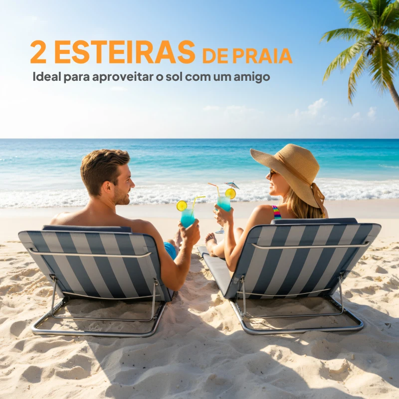 Outsunny Conjunto de 2 Esteiras com Encosto Reclinável, Apoio de Cabeça e Bolsa de Transporte 134x48x33-43 cm Brancas e Azuis