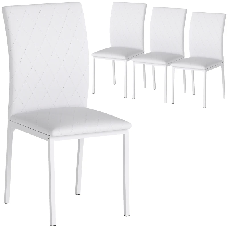 HOMCOM Lot de 4 chaises de salle à manger, chaises de cuisine, capitonnage rhombique et pieds en métal, 41x50x91cm, blanc