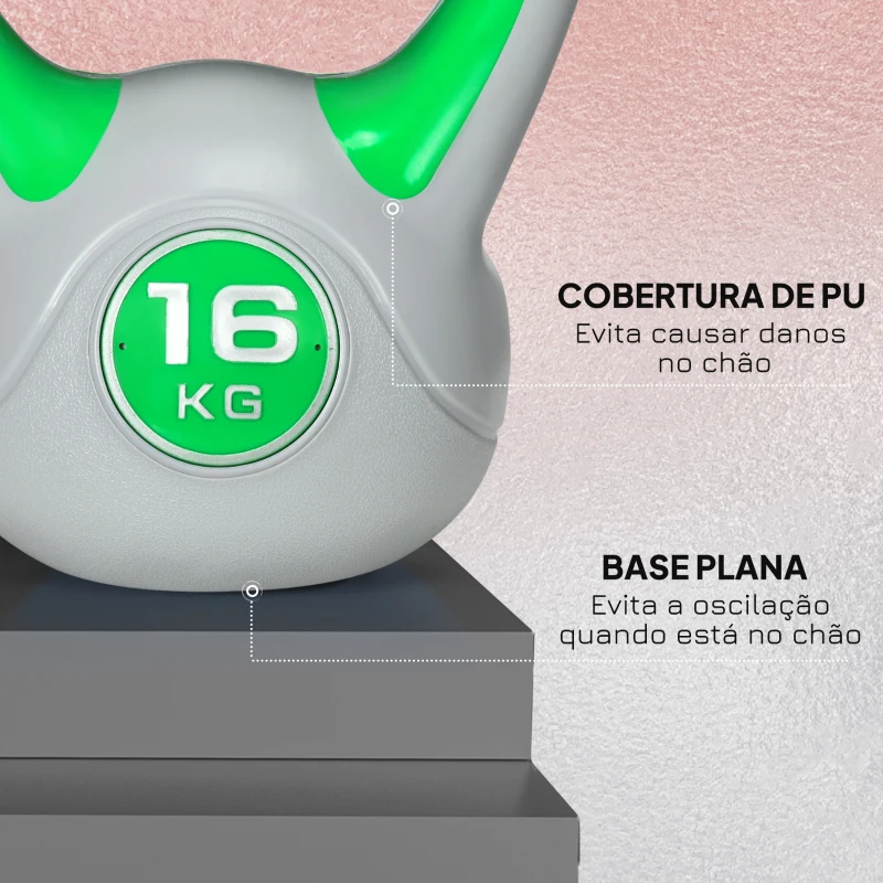 SPORTNOW Kettlebell 16 kg Peso Russo com Revestimento de PU e Enchimento de Areia para Treinamento 26x18x32 cm Verde e Cinza