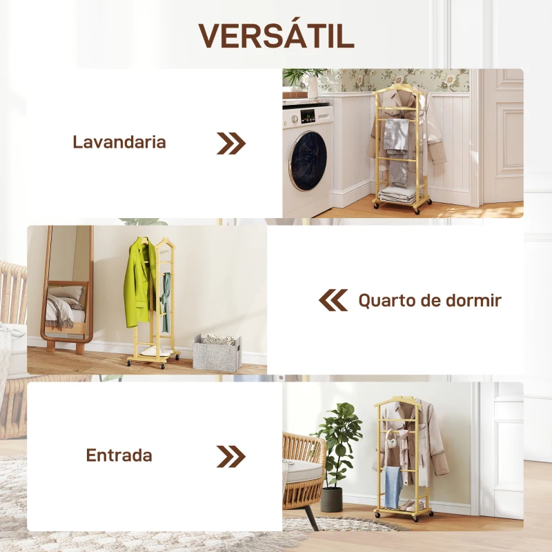 HOMCOM Cabide de Pé de Bambu Cabide com Rodas Suportes para Roupas Barras para Calças Bandeja e Sapateira  47x33,7x105,5 cm Madeira