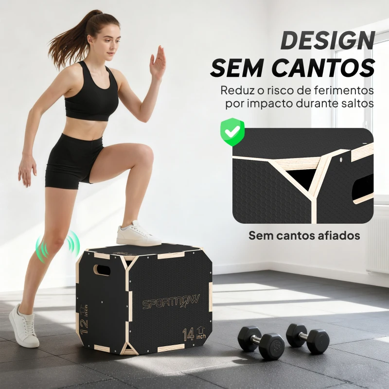 SPORTNOW Caixa Pliométrica de Madeira 3 em 1 com 3 Alturas Diferentes Pegas Sem Cantos Treino de Saltos 41x36x31 cm Preto