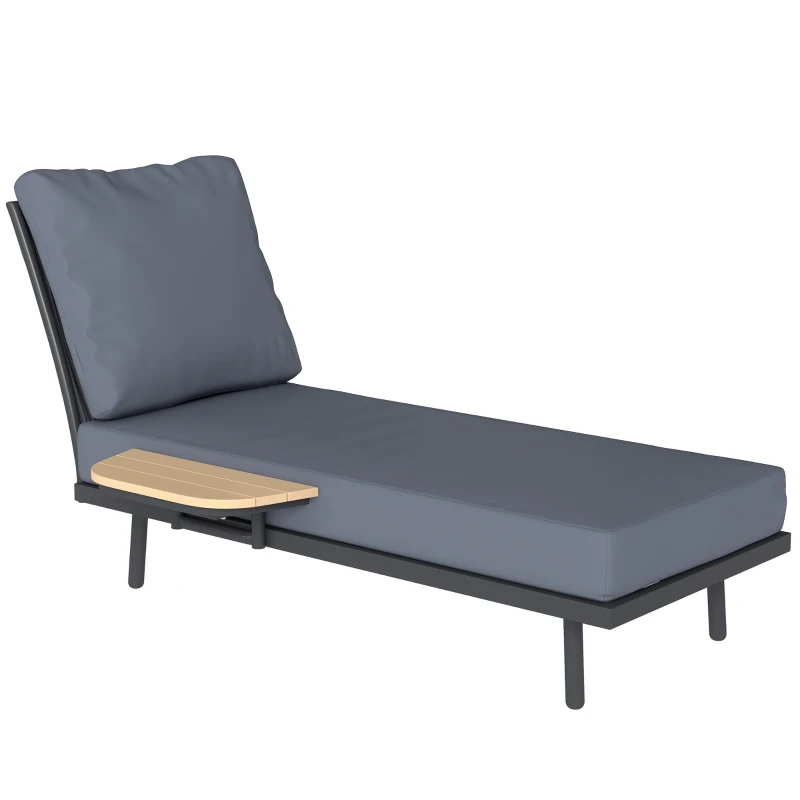 Outsunny Chaise Longue de Jardin avec Coussins Lavables en Oléfine et Étagère Latérale, Cadre en Métal, 58x137x75cm, Gris