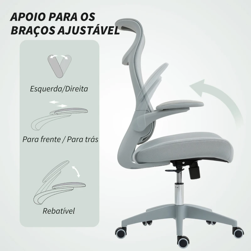 HOMCOM Cadeira de Escritório Ergonómica com Suporte Lombar e Apoios de Braços 3D Dobráveis Função de Basculante 64x65x108-118 cm Cinzento