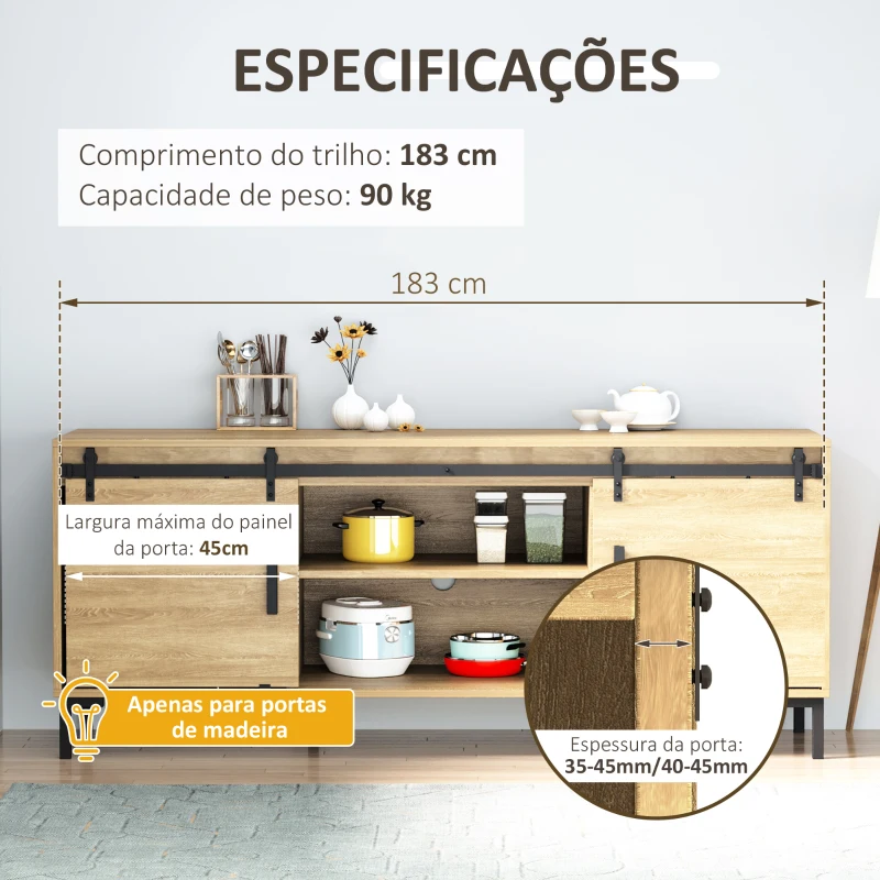 HOMCOM Ferragens para Portas de Correr 183 cm Kit para Porta de Correr Dupla em Madeira Largura 45 cm Aço Carbono Preto