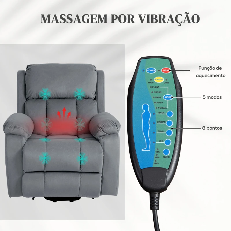 HOMCOM Poltrona Relax Reclinável Elétrica Elevatória com 8 Pontos de Massagem Aquecimento Lombar Revestida em Couro Sintético Cinzento