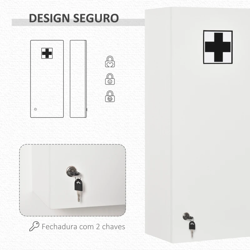 kleankin Armário de Medicamentos de Parede 5 Níveis com Prateleiras de Vidro Ajustáveis Fechadura Chaves 30x20x70 cm Branco