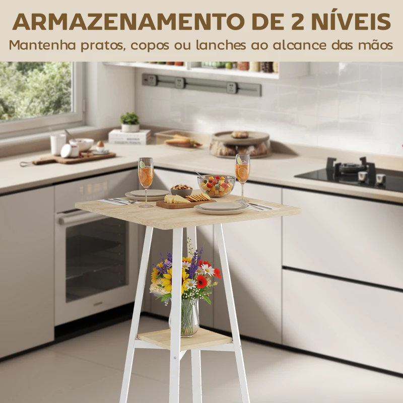 HOMCOM Mesa Alta de Cozinha Quadrada com Prateleira Mesa Alta de Bar para 2 Pessoas Pernas de Metal 55x55x95 cm Madeira e Branco