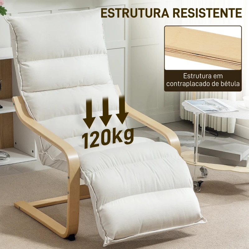 HOMCOM Poltrona de Sala com Apoio para os Pés Ajustável Estofada em Veludo com Estrutura de Madeira 67x93x105 cm Creme