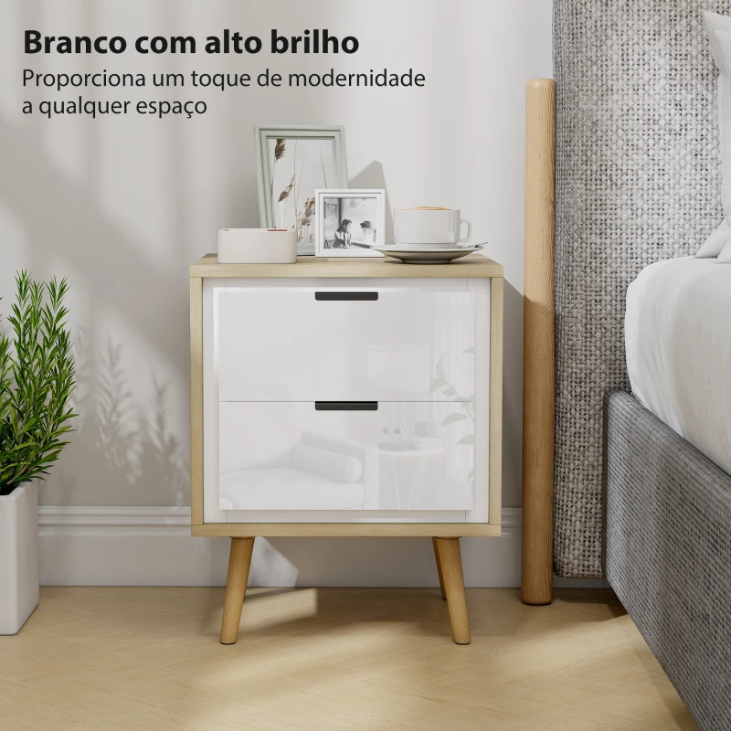 HOMCOM Conjunto de 2 Mesas de Cabeceira Modernas com 2 Gavetas de Deslizamento Silencioso Pés de Madeira 40x35x50 cm Branco Brilhante e Carvalho