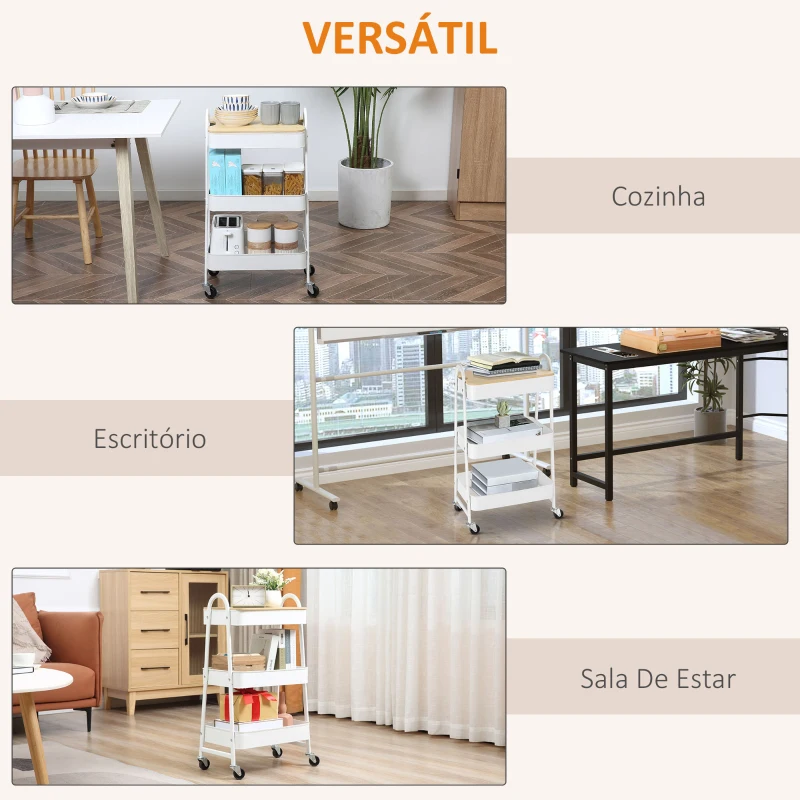 HOMCOM Carrinho Auxiliar com Rodas de 3 Níveis Carrinho de Cozinha com 3 Cestas de Aço e 1 Bancada de Madeira 45x31x79,4 cm Branco