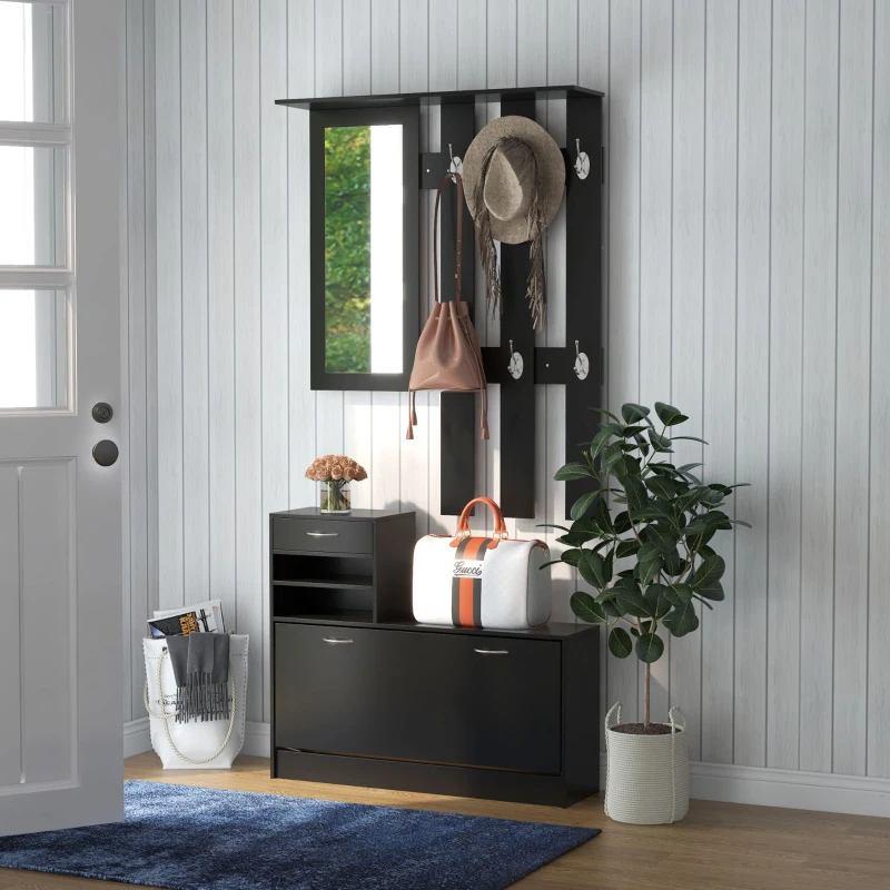 HOMCOM Ensembles 3 en 1 de meuble d'entrée vestiaire avec panneau porte-manteau, miroir et banc à chaussures - 6 crochets et étagère réglable, noir