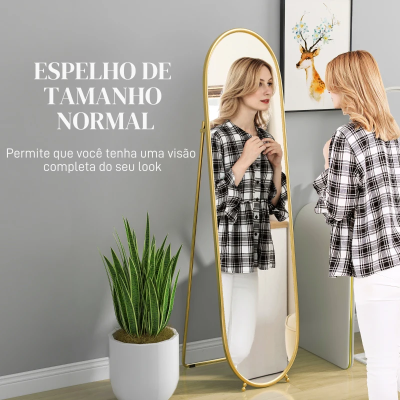 HOMCOM Espelho de Pé Oval 160x40 cm Espelho de Corpo Inteiro com Moldura Metálica Suporte e 2 Formas de Utilização Dourado