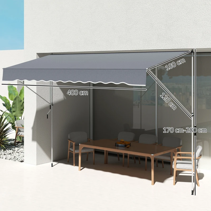 Outsunny Toldo Manual Retrátil 4x1,2 m Altura Ajustável 170-280 cm com Manivela Anti-UV e Impermeável Sem Perfuração Cinzento Escuro