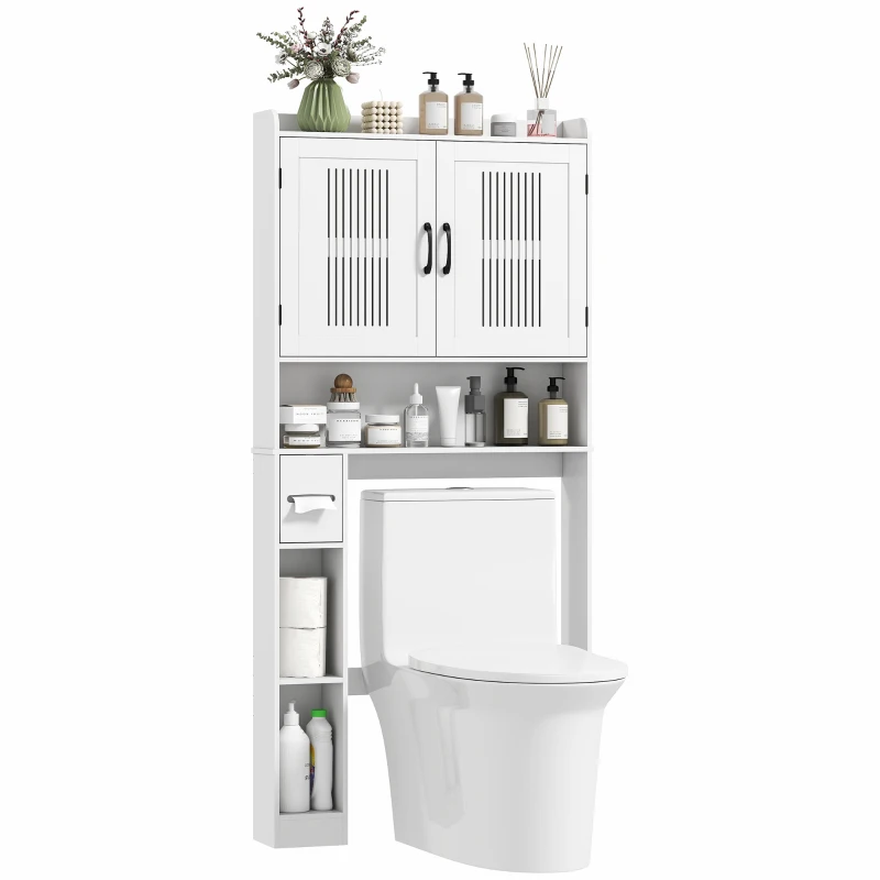 HOMCOM Armário sobre Sanita com Prateleira Ajustável 2 Portas Suporte para Papel Higiênico Armário para Máquina de Lavar 80x19,5x170 cm Branco