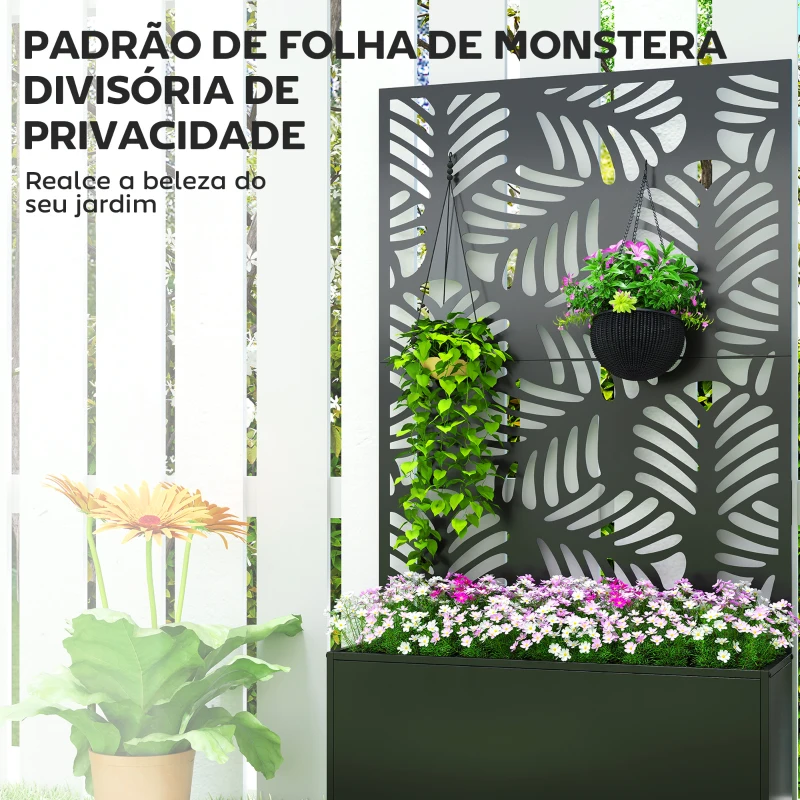 Outsunny Floreira Exterior Grande com Rodas e Painel de Privacidade com Folhas de Monstera Estrutura de Metal 90x30x160 cm Preto