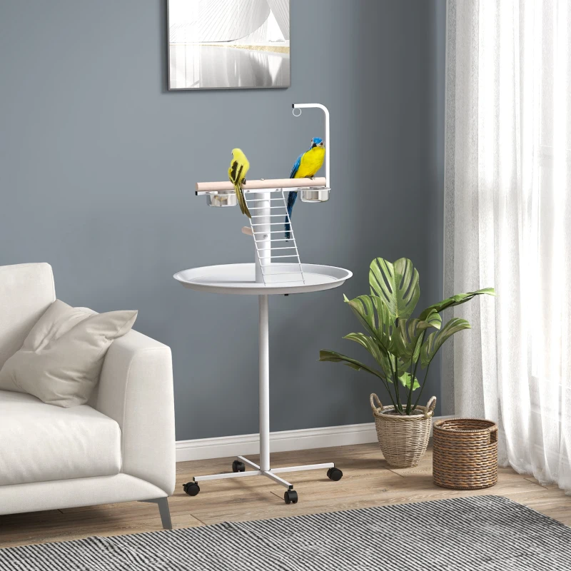 PawHut Mangeoire à oiseaux sur pied avec 4 roulettes perchoir 2 bols amovibles plateau rond acier inoxydable Ø 60 x 138H cm blanc