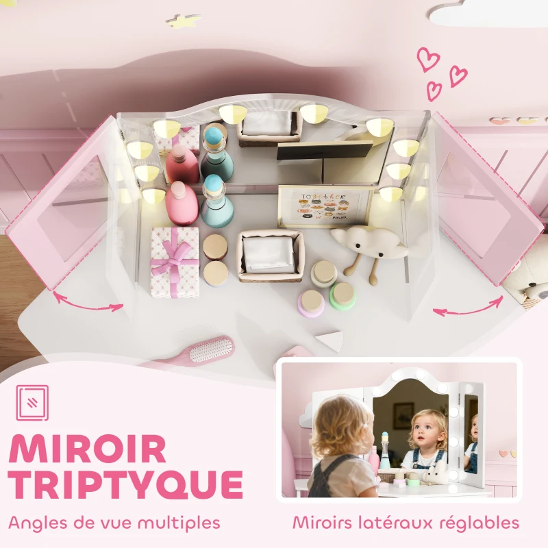 AIYAPLAY Coiffeuse enfant 2 en 1 avec tabouret miroir triptyque et lumières LED bicolores  93,6 x 48,5 x 111,5 cm blanc