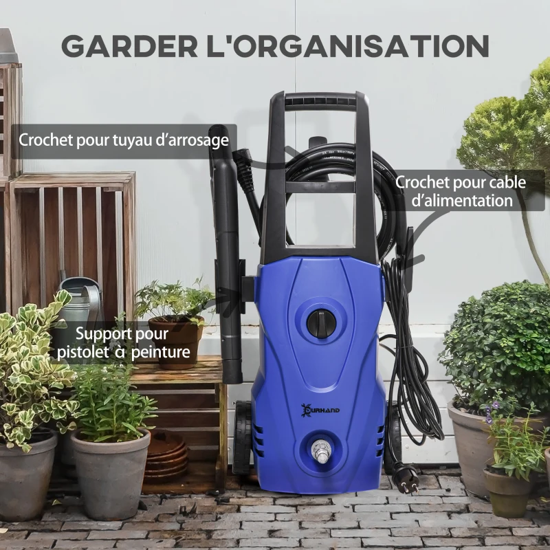 DURHAND Nettoyeur Haute Pression 1600W, Débit 432 L/h, Pompe en Aluminium 130 Bars, Tuyau 6m, Flacon de Savon, Bleu