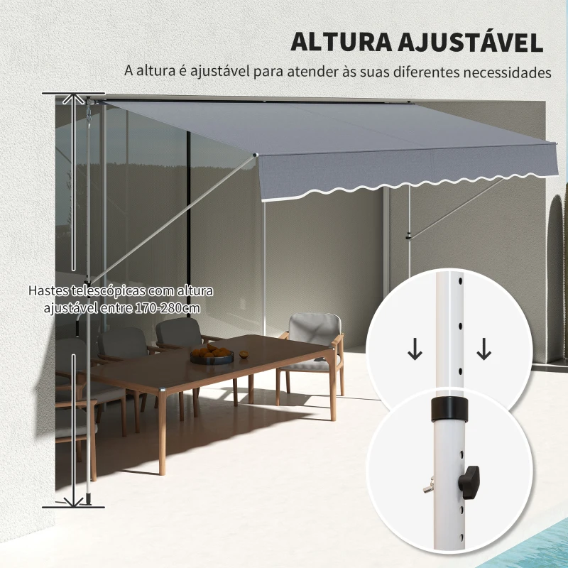 Outsunny Toldo Manual Retrátil 4x1,2 m Altura Ajustável 170-280 cm com Manivela Anti-UV e Impermeável Sem Perfuração Cinzento Escuro