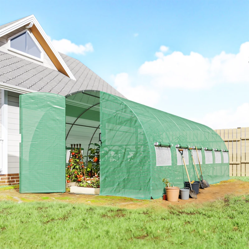 Outsunny Estufa Túnel 6x3x2 m com Porta com Dobradiças 12 Janelas com Rede e Estrutura de Aço Galvanizado Verde
