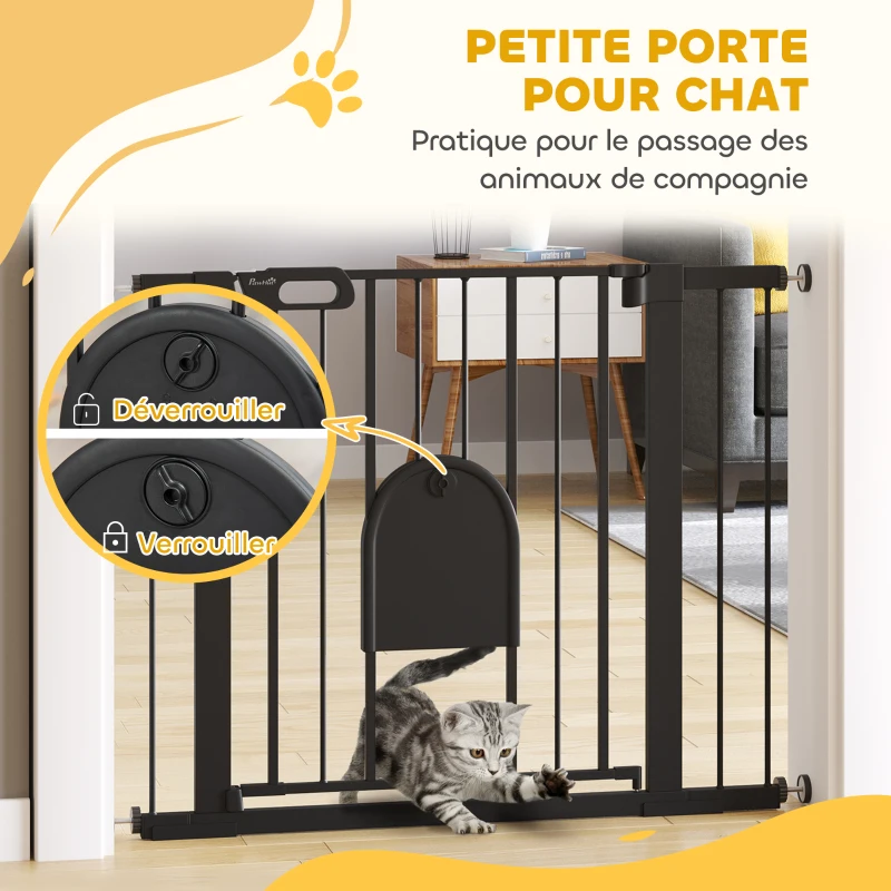 PawHut Barrière de sécurité animaux avec porte fermeture automatique système de double verrouillage, acier noir