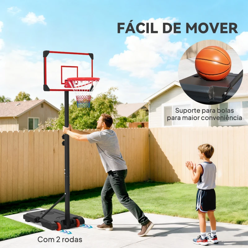 SPORTNOW Tabela de Basquetebol com Altura Ajustável 178-208 cm Rodas Base Recarregável para Exterior 75x56x210-240 cm Vermelho e Preto