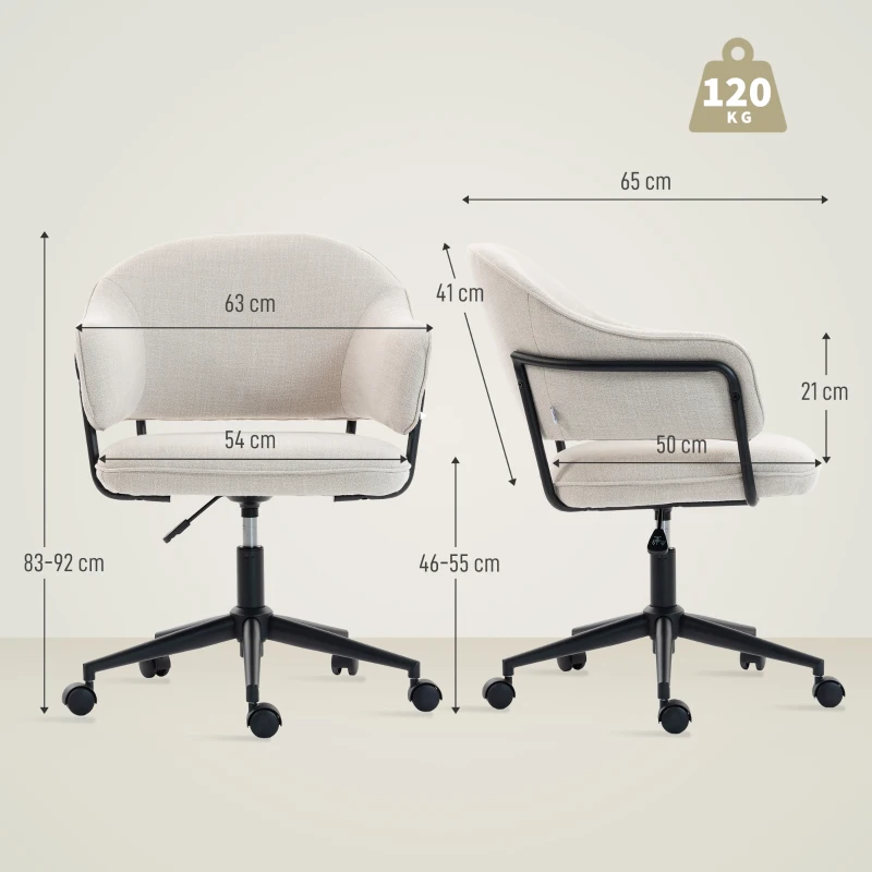 HOMCOM Chaise bureau ergonomique, fauteuil de bureau avec hauteur réglable, pivotant 360°, 63 x 65 x 83-92 cm, crème