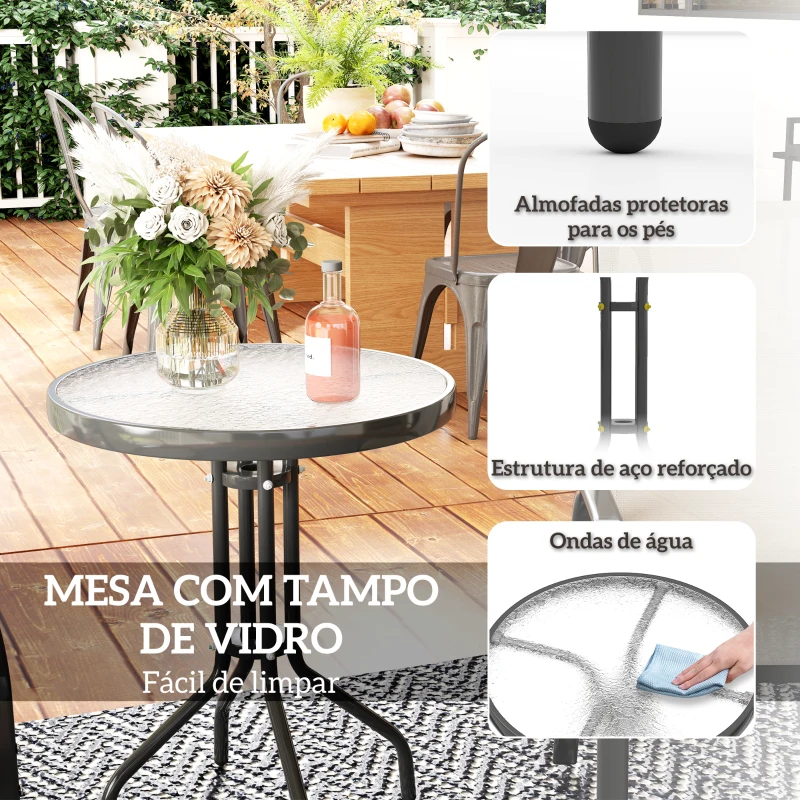 Outsunny Conjunto de Jardim de 3 Peças com Mesa Redonda Tampo de Vidro e Cadeiras Empilháveis para Exteriores Cinzento Claro
