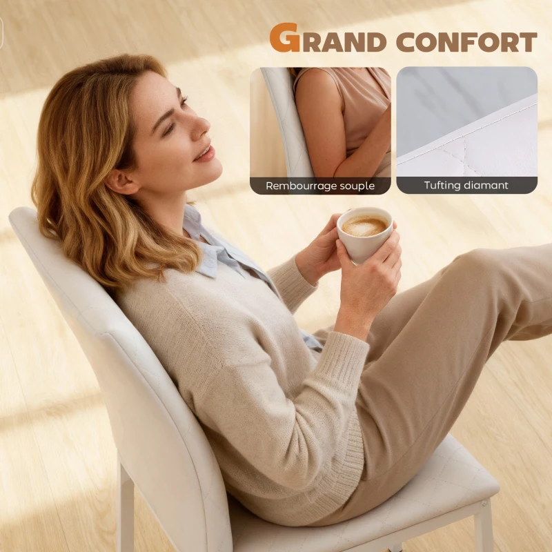 HOMCOM Lot de 4 chaises de salle à manger, chaises de cuisine, capitonnage rhombique et pieds en métal, 41x50x91cm, blanc