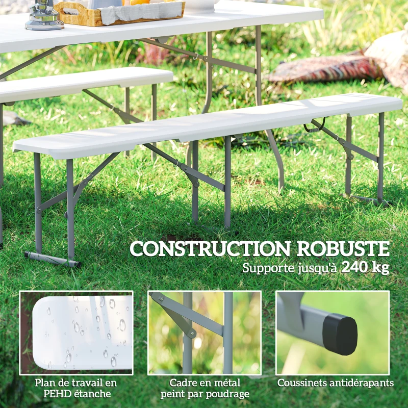 Outsunny Banc de jardin Lot de 2 bancs pliants avec poignée de Transport en Métal et HDPE 182 x 28 x 42 cm Blanc
