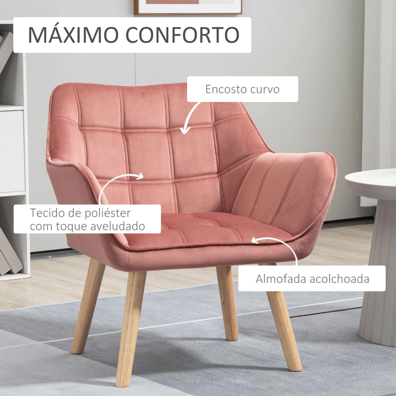 HOMCOM Poltrona Moderna Poltrona de Leitura Estofada em Veludo com Assento Amplo Pés em Madeira  67x61,5x71 cm Rosa