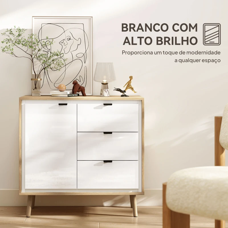 HOMCOM Aparador de Sala Moderno com 3 Gavetas Prateleira Ajustável e Pés em Madeira 80x35x77 cm Branco Brilhante e Carvalho