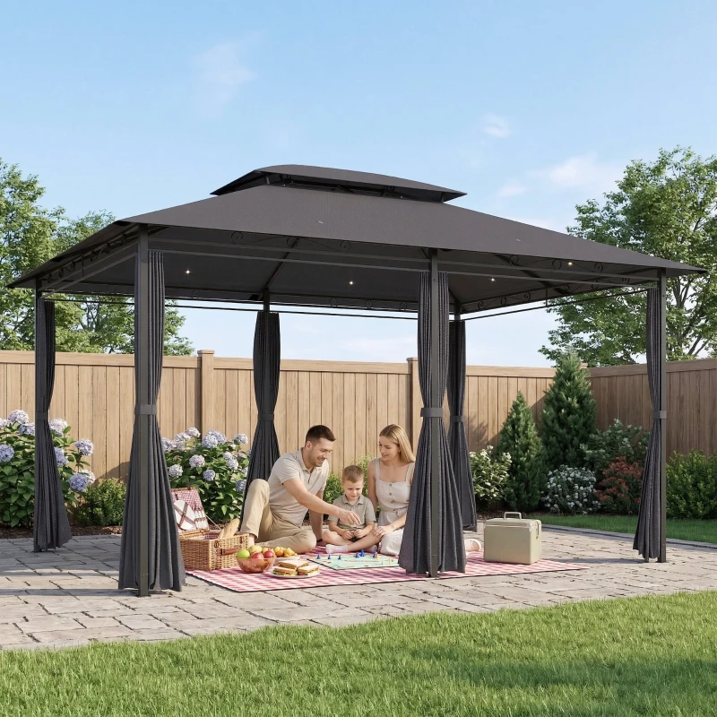 Outsunny Pérgola de Jardim 3x4 m com Teto Duplo 6 Paredes Laterais Estrutura Metálica Drenagem Pérgola para Exterior  Cinzento