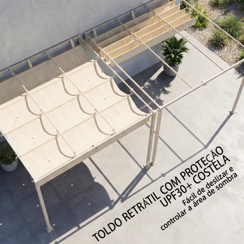 Outsunny Pérgola de Parede para Jardim 3x3 m com Teto Retrátil Proteção UPF30+ e Drenagem, Pérgola para Exterior Bege