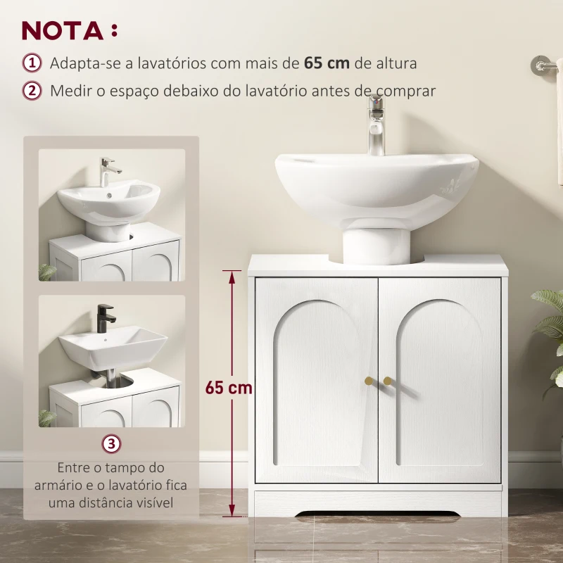 HOMCOM Móvel para Lavatório Pousar com 2 Portas em Arco Puxadores Dourados para Lavatório com ou sem Pedestal 60x30x65 cm Branco