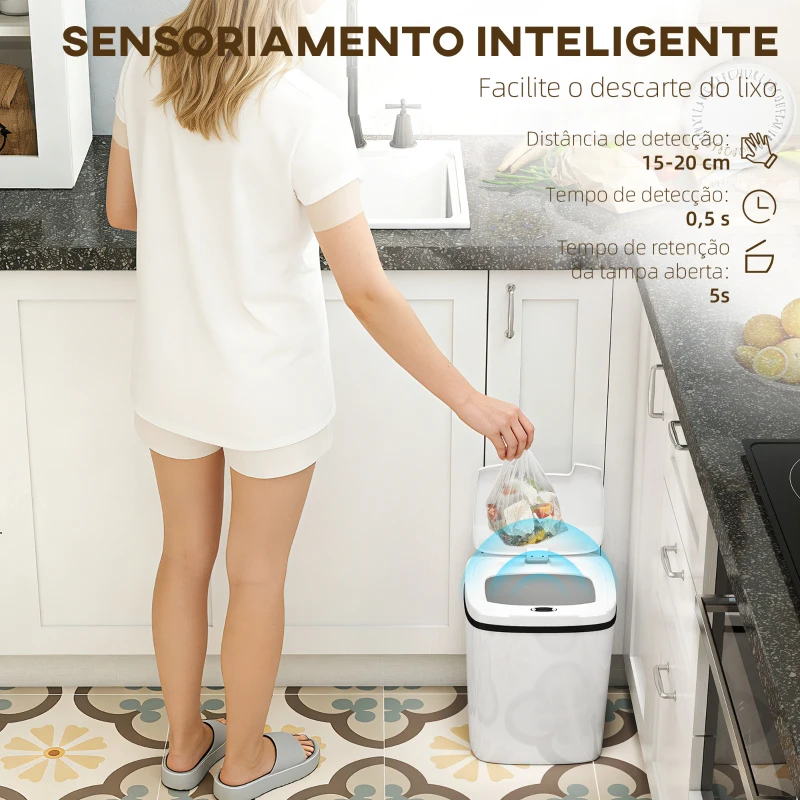 HOMCOM Balde de Lixo Automático 15L com Sensor Infravermelhos e Modo Manual Anel de Retenção Antimarcas 27,6x21,4x33,5 cm Branco