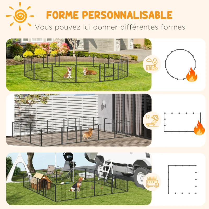 PawHut Parc pour chien, enclos chien 16 panneaux modulable et pliable, portable en acier avec portes 80 x 60 gris