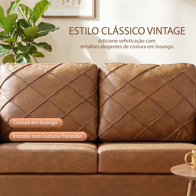 HOMCOM Sofá de 2 Lugares de PU com Pés de Madeira Encosto com Costuras Sofá Moderno para Sala de Estar Quarto Castanho