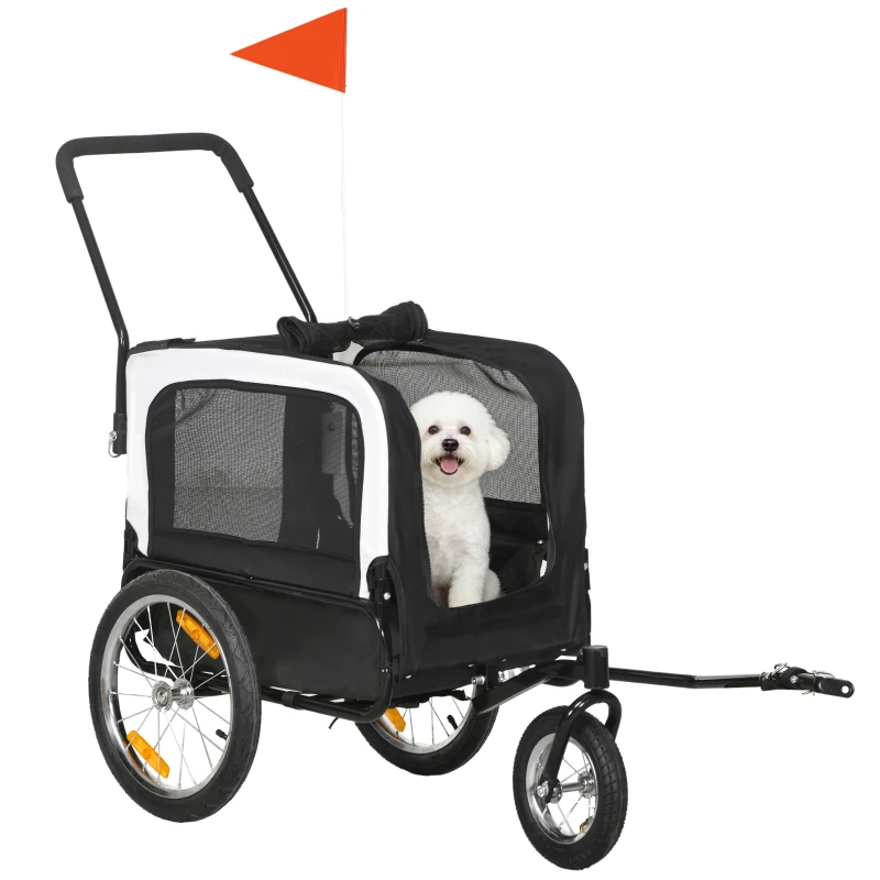 PawHut Remorque vélo jogger 2 en 1 pour animaux de compagnie drapeau roue avant pivotante réflecteurs noir