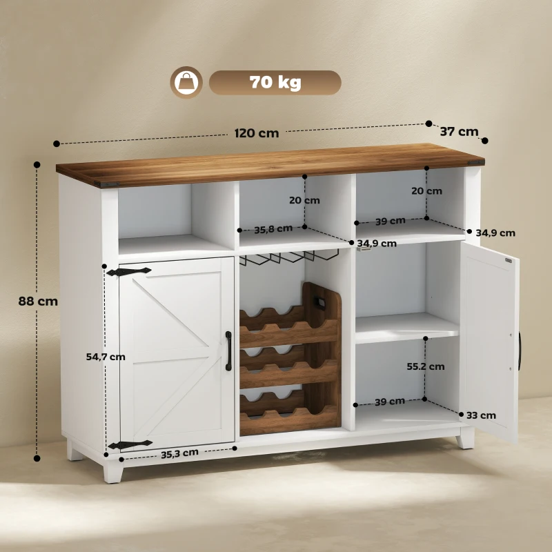 HOMCOM Aparador de Cozinha Rústico com Prateleiras Ajustáveis e Suporte para Garrafas 120x37x88 cm Branco