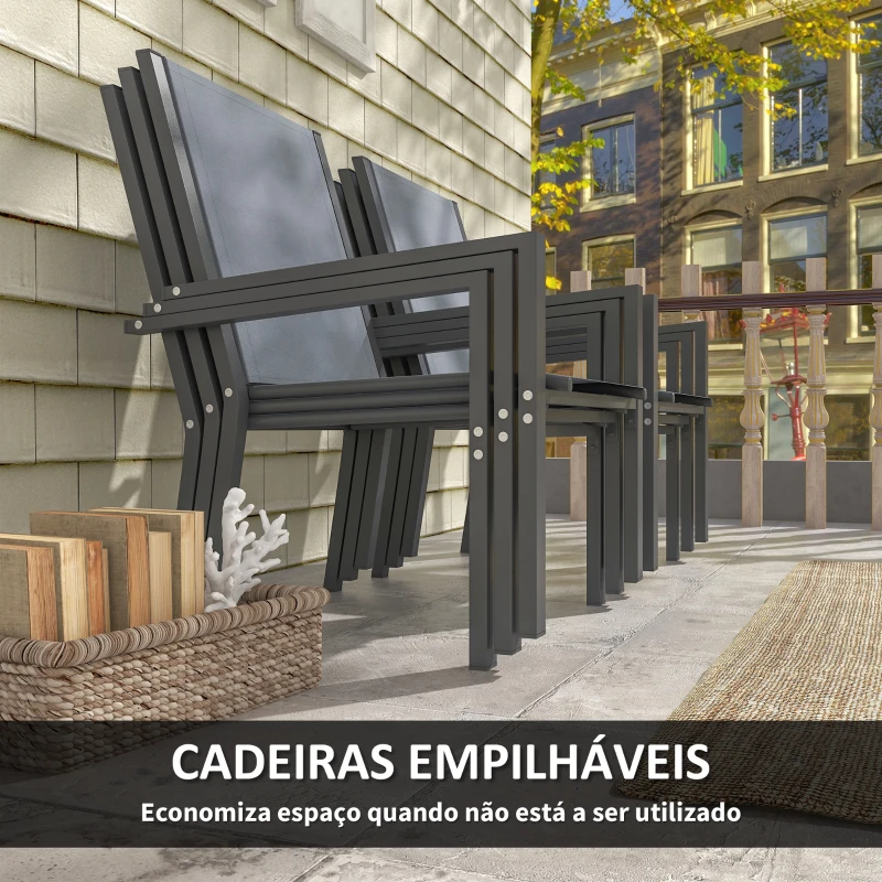 Outsunny Conjunto de Mesa e Cadeiras de Jardim com Cadeiras Empilháveis e Estrutura de Aço para Terraço e Pátio Cinzento Claro